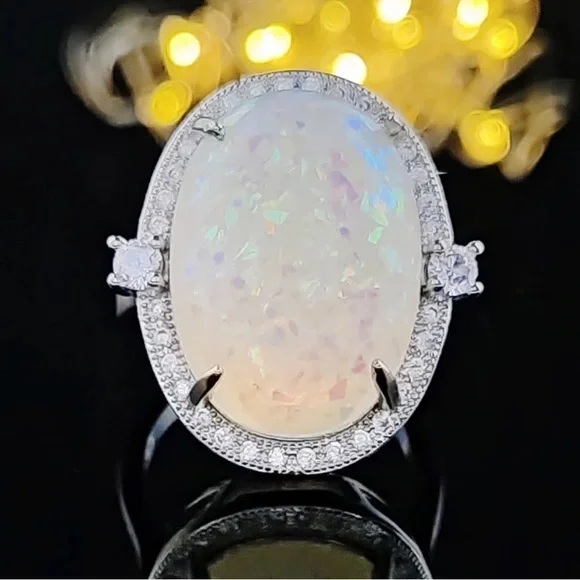 💯 NEW 925 STERLING SILVER OPAL DIAMOND RING, CUTE RING, SHINY RING. - Picture 2 of 5